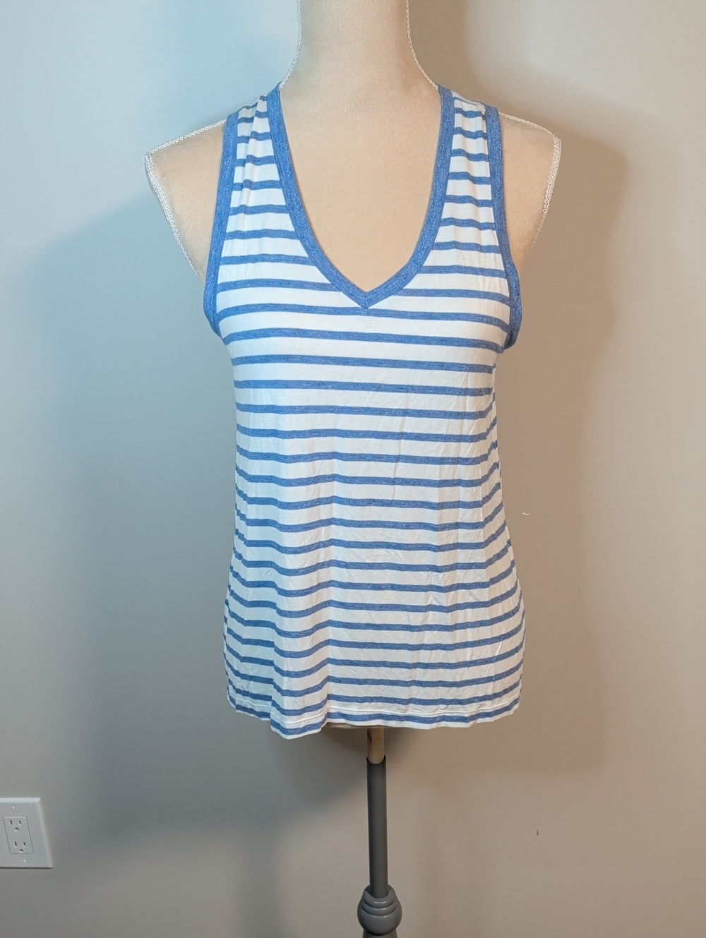 Striped V-Neck Sleeveless Tank Top - Blue and White